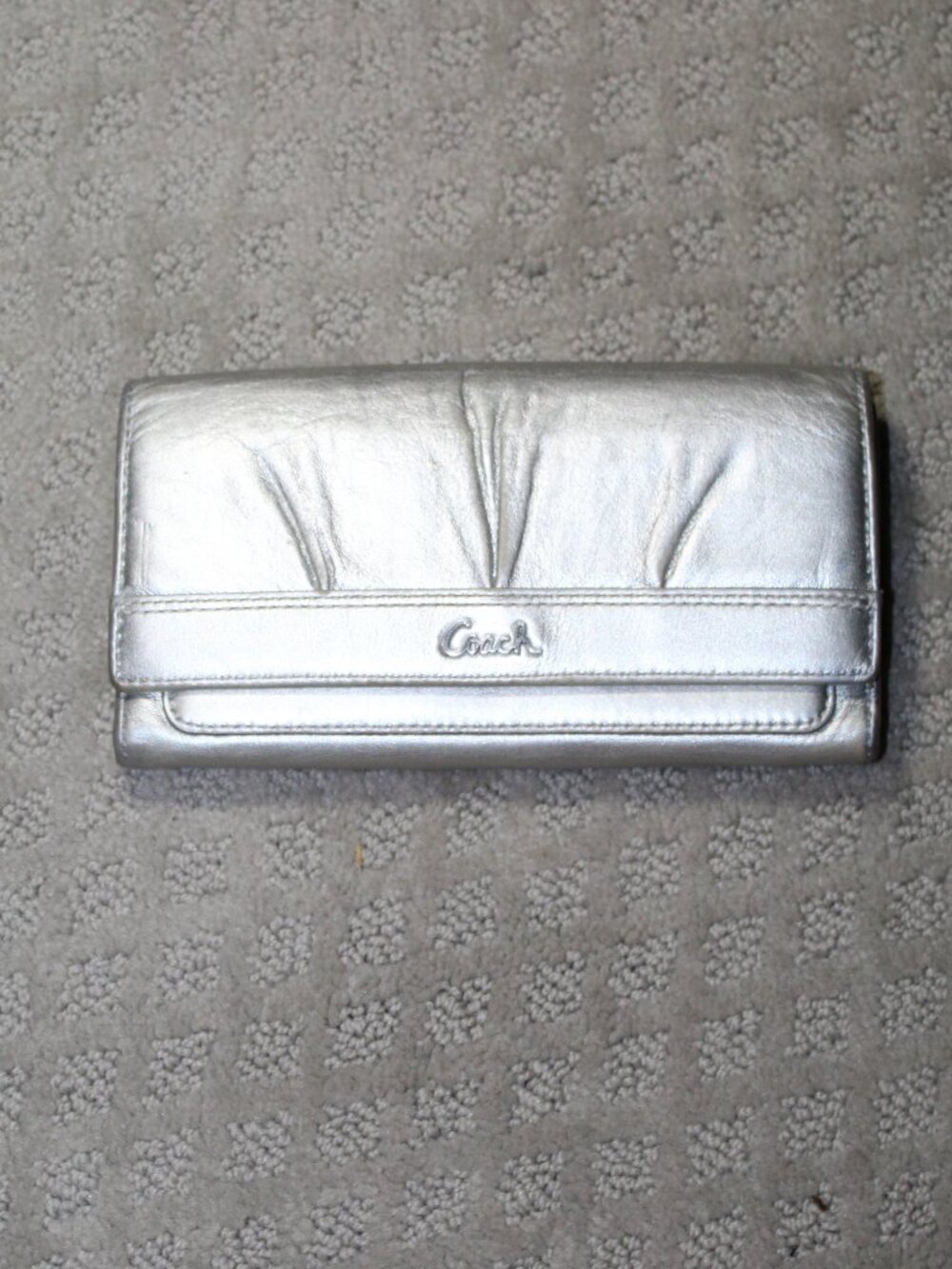Coach Silver Leather Long Tri-Fold Flap Wallet Clutch